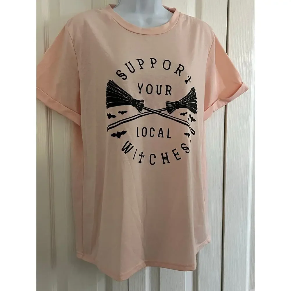 Women’s “Support Your Local Witches” Graphic T-Shirt Halloween Broom Bats M